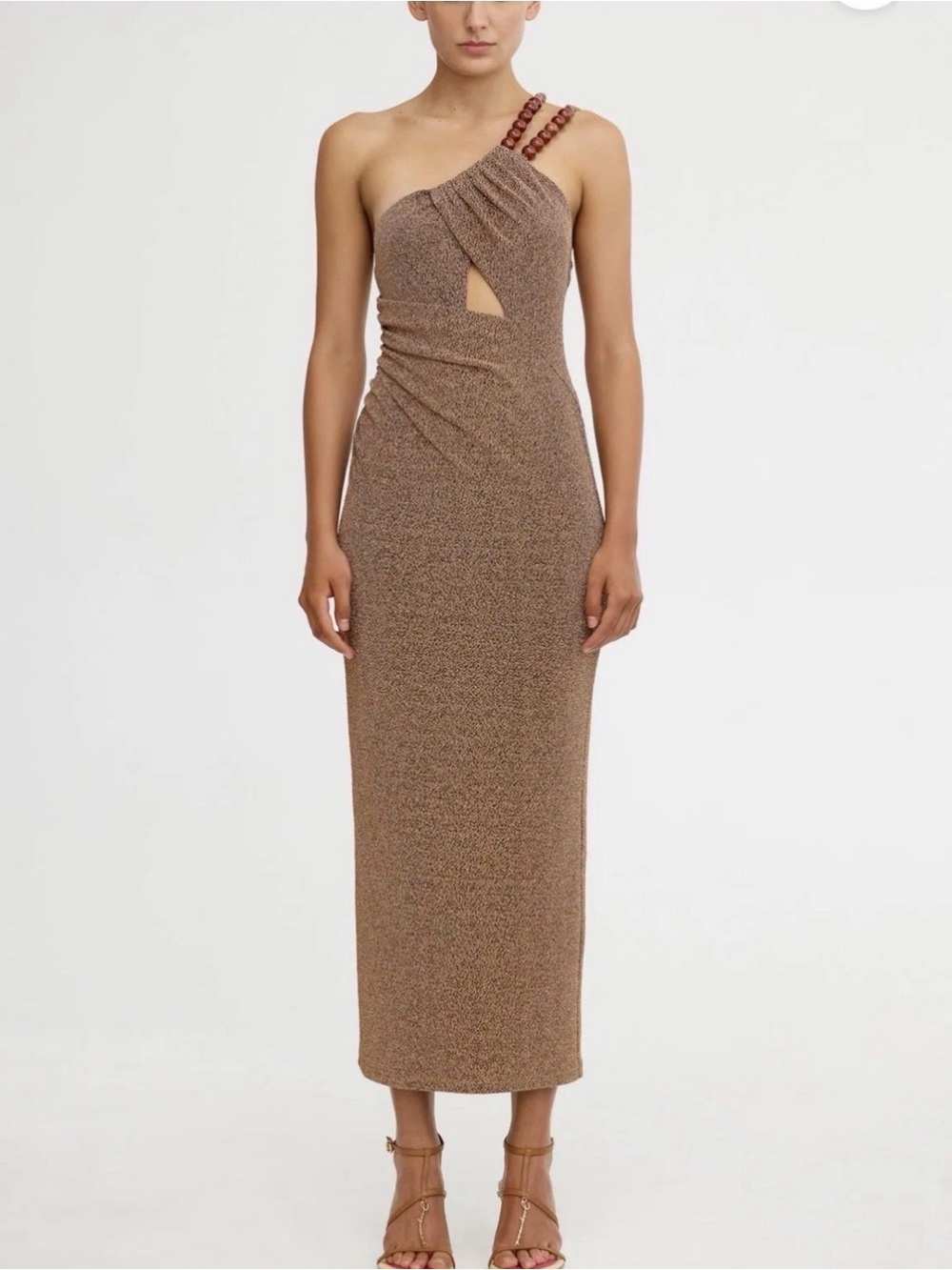 SIGNIFICANT OTHER Gia Ribbed One Shoulder Ruched Gold Midi Dress US Size 2, AU 6